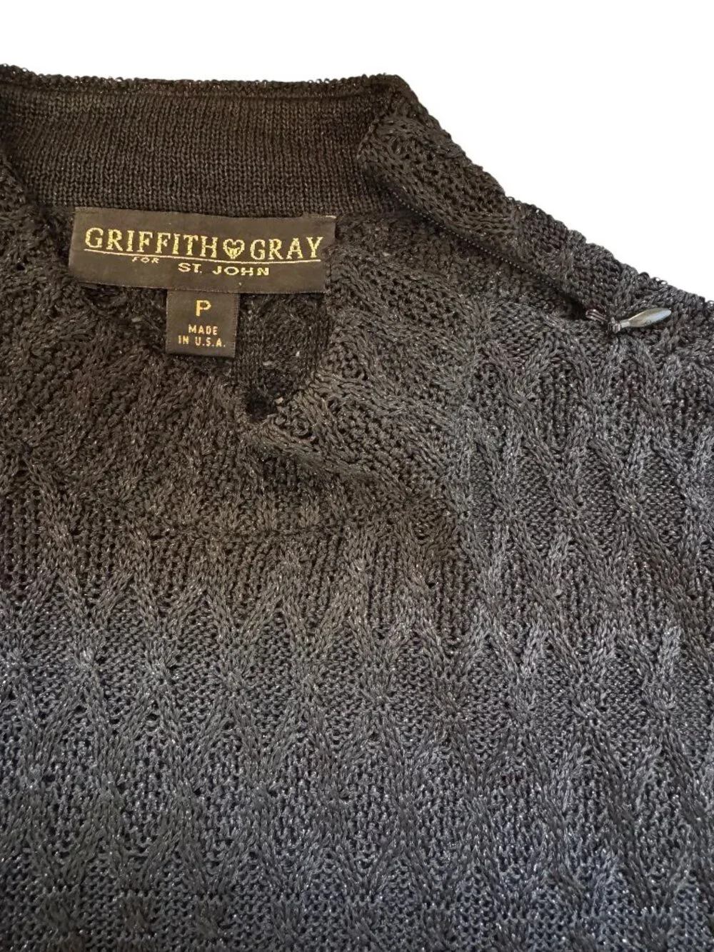 St John Sweater Black Diamond Knit with Metallic Threads Sleeveless High Neck S